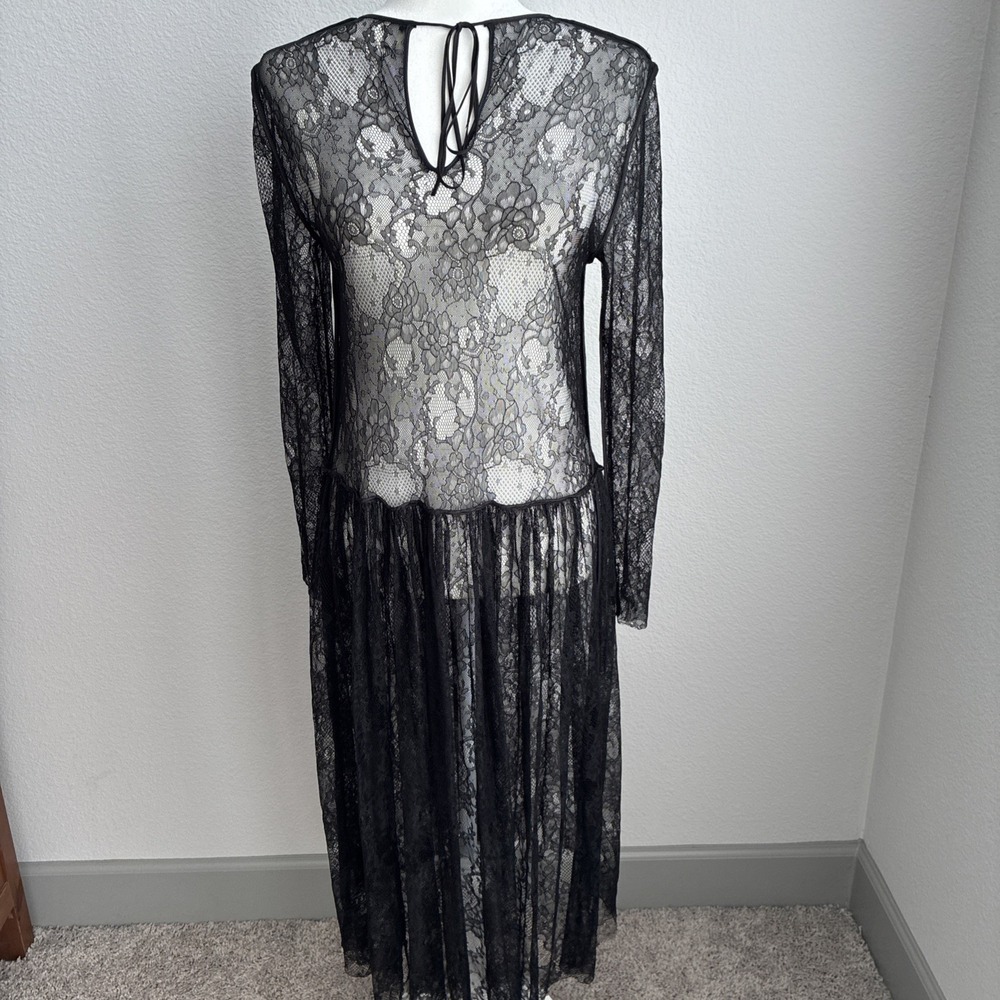 Black Sheer Lace Long Sleeve Midi Overlay Dress Floral Size 4-6 Witchy Fairy